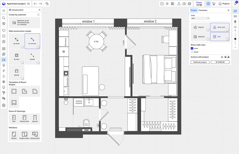 2D apartment floor plan with dimensions, created in Planoplan.