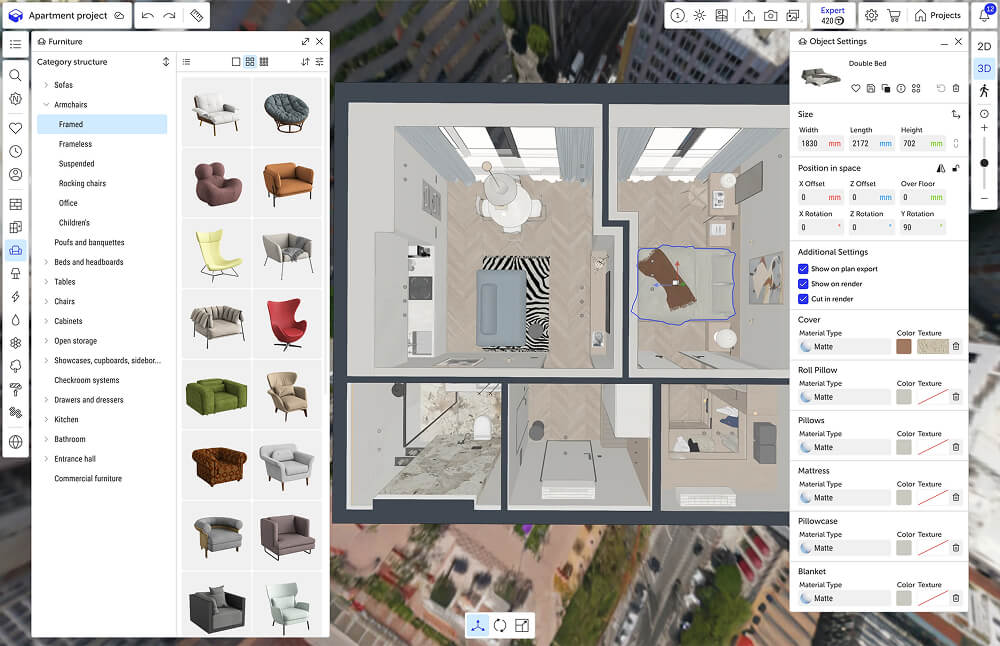 3D model of an apartment created in Planoplan based on the floor plan.